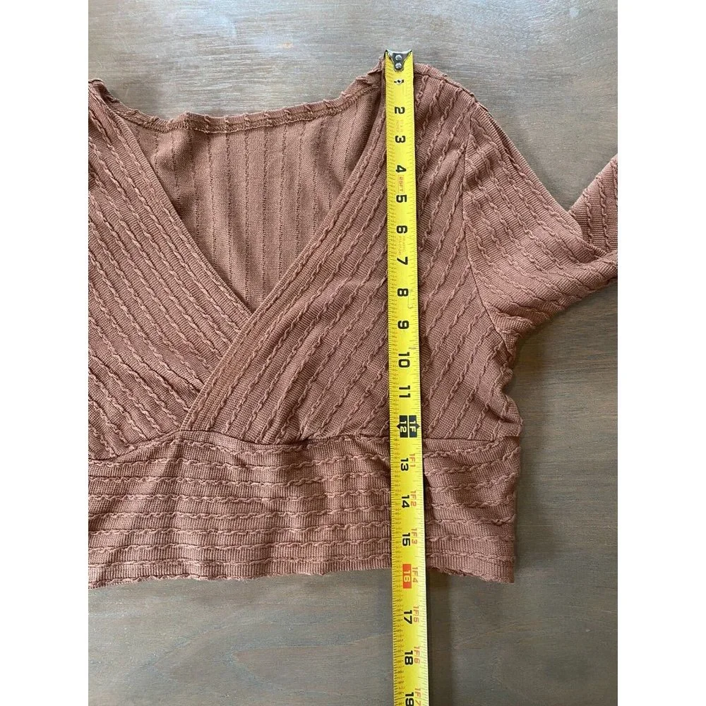 Shein Shirt Women's Large Long Sleeve Crop Front Wrap Stretchy Brown Top V Neck